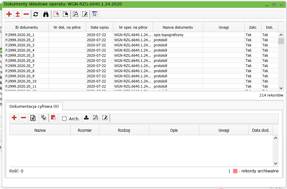  Widok okna dokumentów składowych operatu