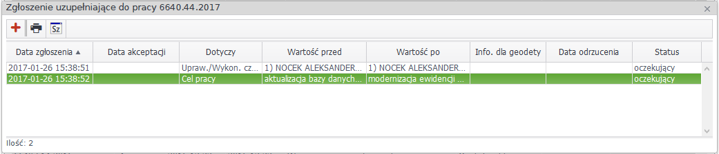 Widok okna listy zgłoszeń uzupełniających do pracy