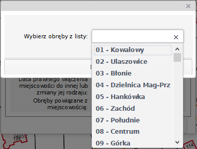 Widok okna wyboru obrębu z listy